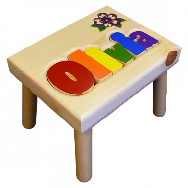Name Puzzle Stool With Inlaid Flower, Wooden Stool Name