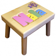 Small Name Puzzle Stool in Pastel Colors with Flower Inlay