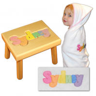 Name Stool and Embroidered Towel in Pastel Colors