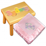 Name Stool in Pastels and Embroidered Blanket