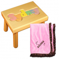 Name Stool in Pastel with Pink Birth Blanket