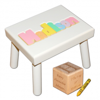 White Small Name Stool in Pastel and Birth Block