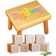 Small Name Stool in Pastel and Engraved Letter Blocks (starting at $99.95)