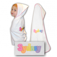 White Embroidered Hooded Towel with Pink Piping