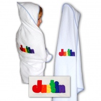 White Embroidered Hooded Towel with Blue Piping