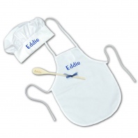 personalized chefs hat and apron in blue